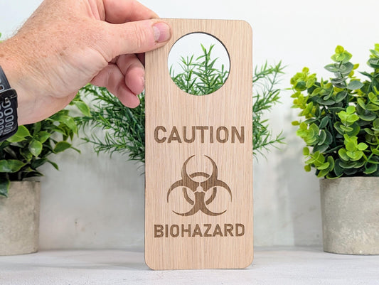Caution Biohazard Door Hanger – Tall Oak Veneered Safety Sign, Wooden Single Sided, Handmade in Wales, Eco Packaging