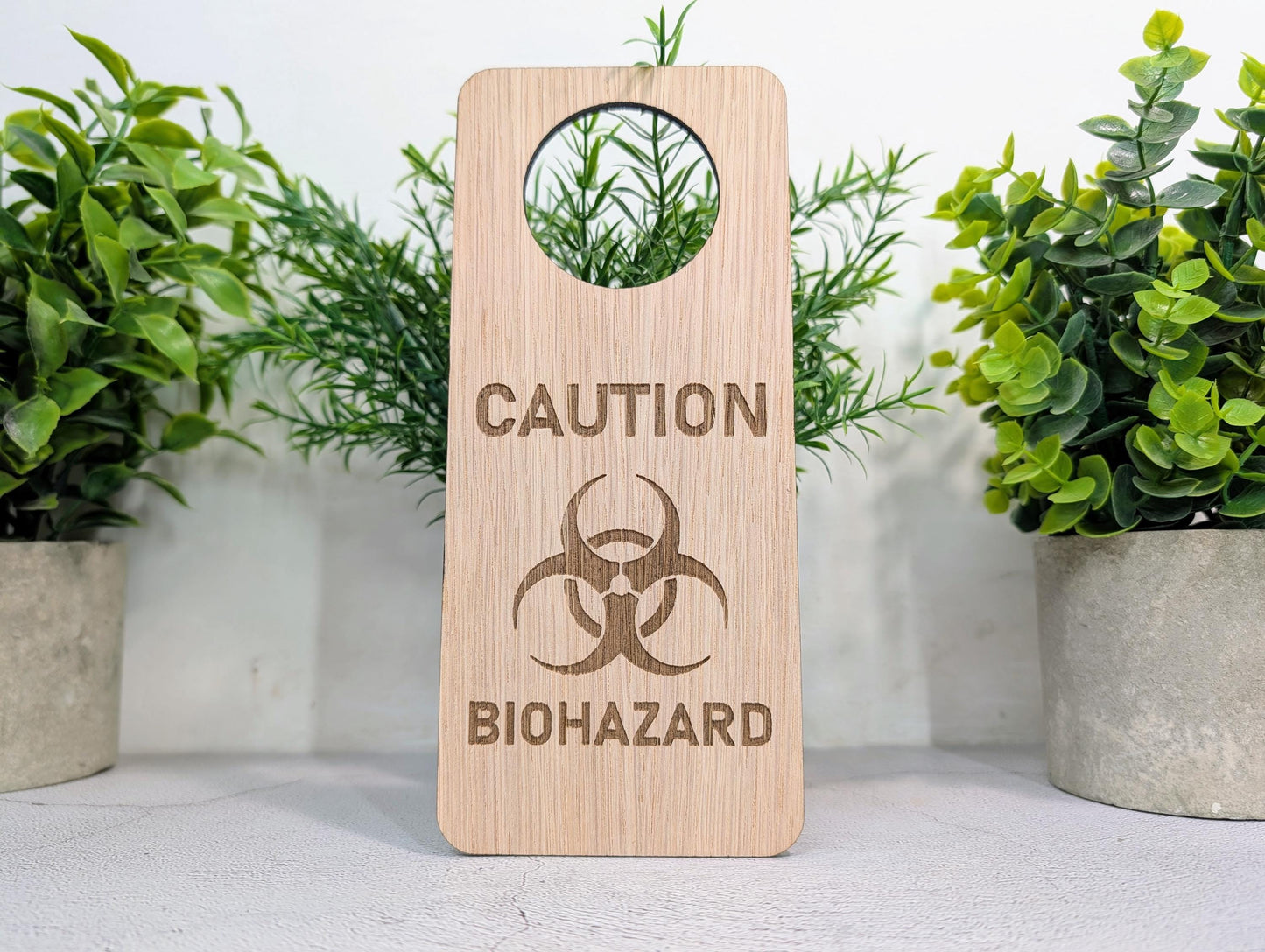 Caution Biohazard Door Hanger – Tall Oak Veneered Safety Sign, Wooden Single Sided, Handmade in Wales, Eco Packaging