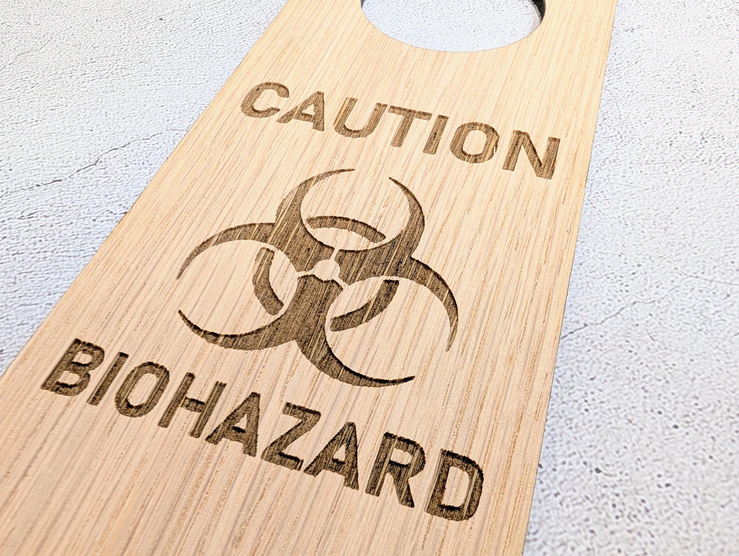 Caution Biohazard Door Hanger – Tall Oak Veneered Safety Sign, Wooden Single Sided, Handmade in Wales, Eco Packaging