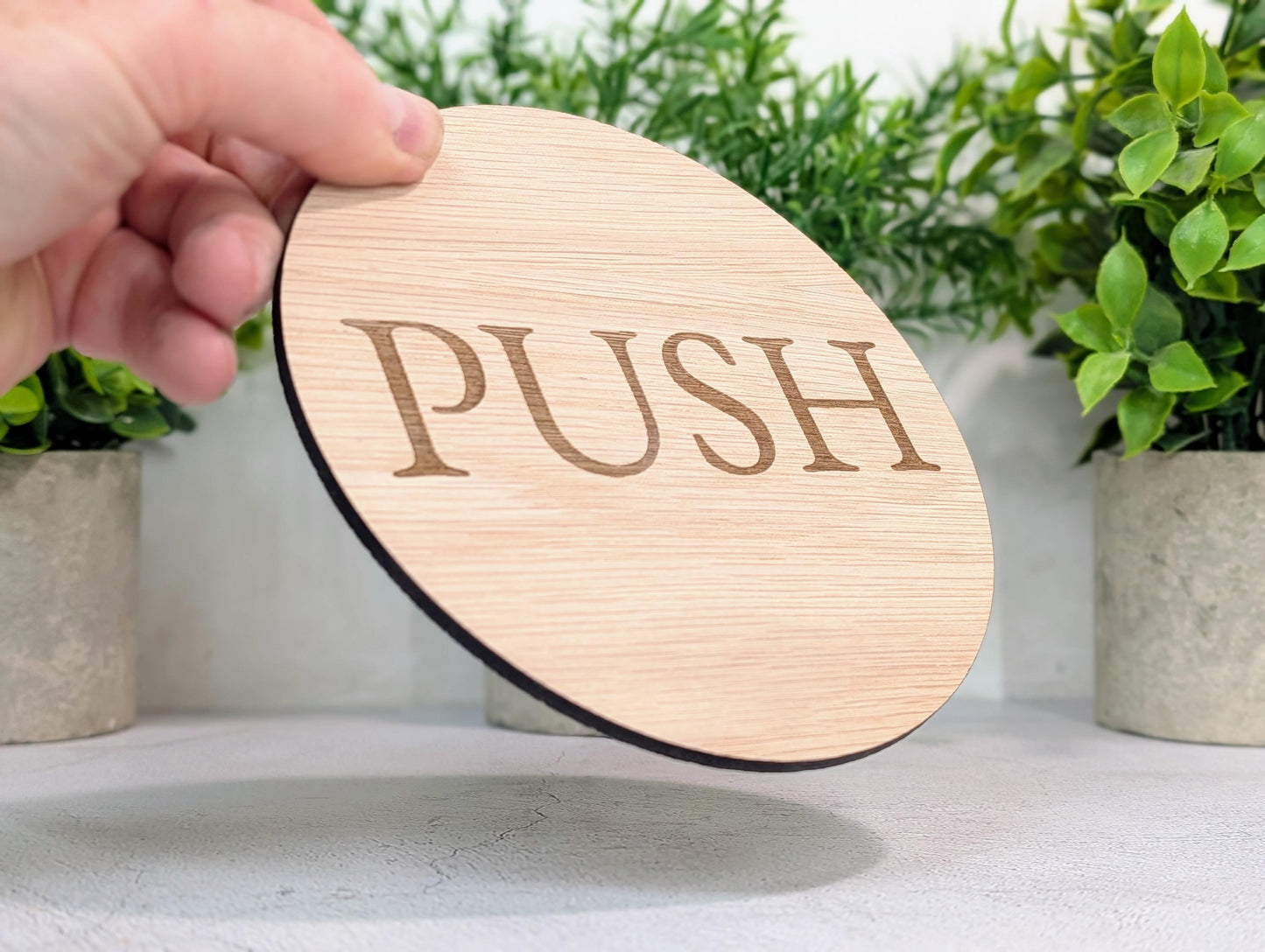 PUSH Door Sign – Circular Oak Veneered Wooden Entry Sign for Doors, Indoor Use Only, Handmade in Wales, Plastic-Free Packaging