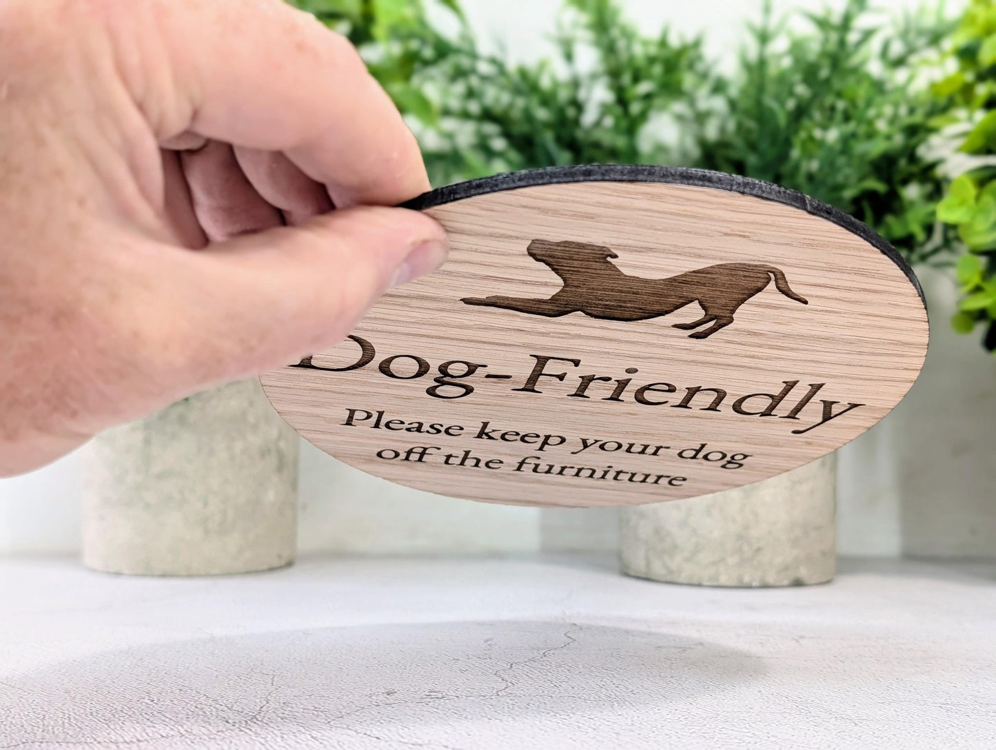 Dog Friendly Sign – Keep Dogs Off Furniture, Circular Oak Veneered Indoor Sign, Handmade in Wales, Plastic-Free Packaging, Pub, B&B, etc