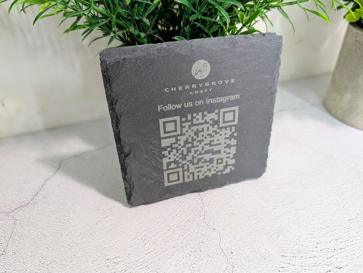 Social Media Slate Coaster – Engraved QR Code Business Promo, Follow Us Coaster, Handmade in Wales, Plastic-Free Packaging