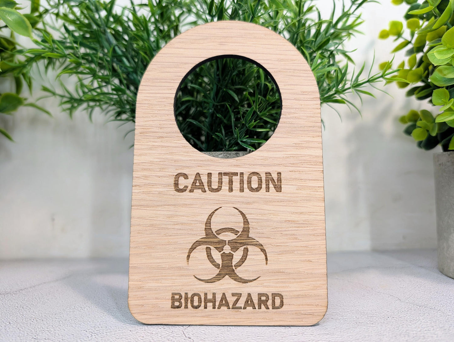 Caution Biohazard Door Hanger – Oak Veneered Sign with Symbol, Indoor Use Only, Plastic-Free Packaging,  Handmade from Wood