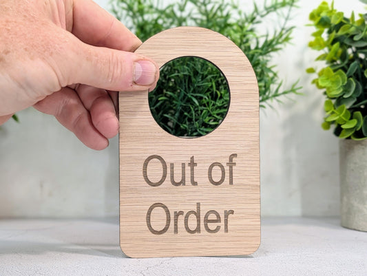 Out of Order Door Hanger – Oak Veneered Wooden Sign for Toilets, Rooms or Equipment, Indoor Use, Handmade from Wood