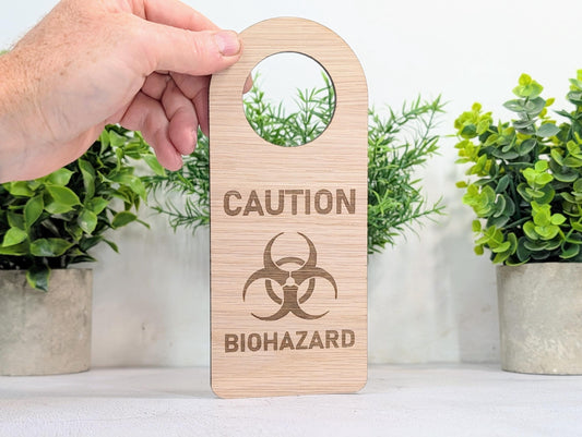 Caution Biohazard Door Hanger – Large Oak Veneered Safety Sign with Symbol, Hospital Lab Clinic Use, Handmade in Wales