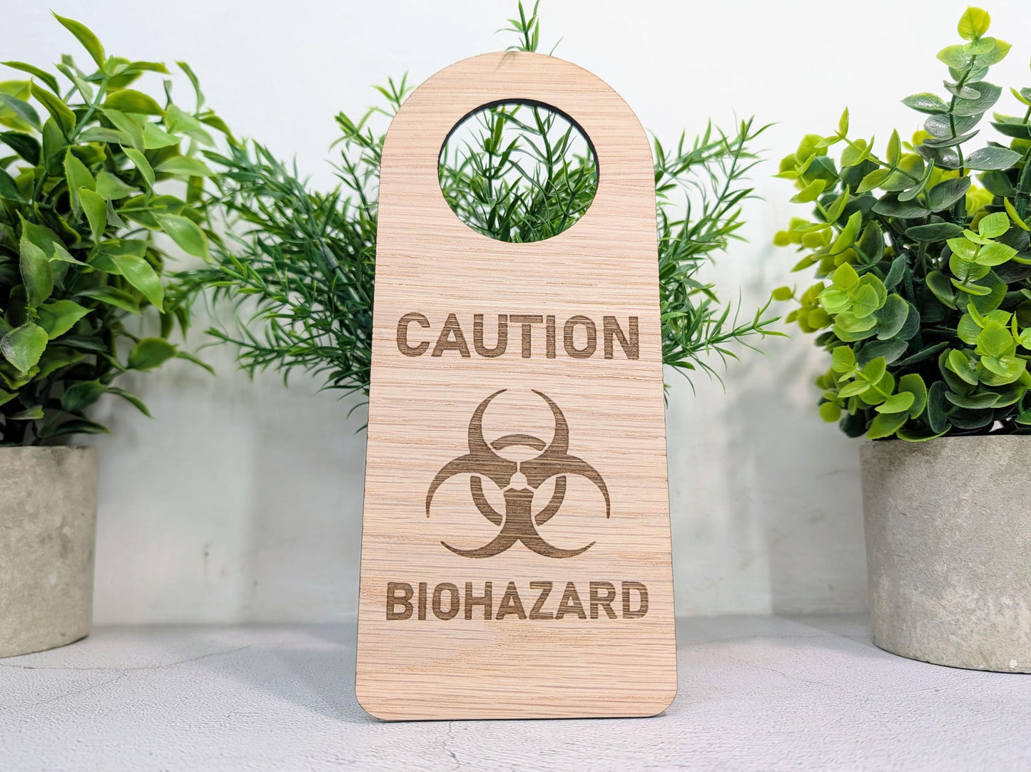 Caution Biohazard Door Hanger – Large Oak Veneered Safety Sign with Symbol, Hospital Lab Clinic Use, Handmade in Wales