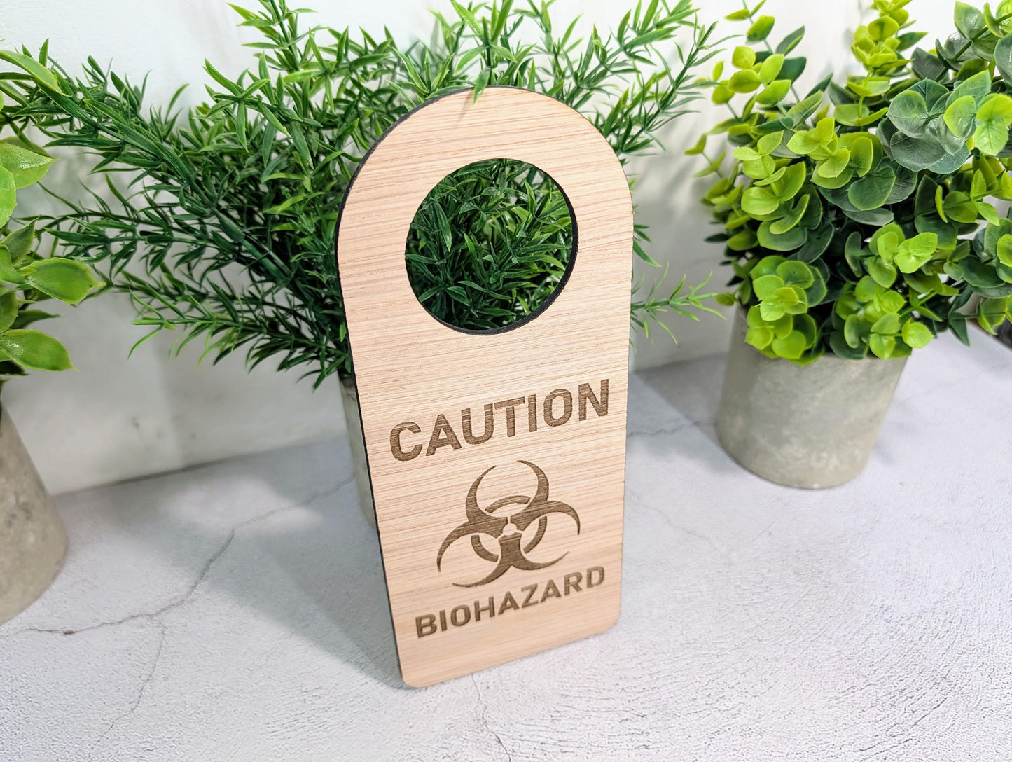 Caution Biohazard Door Hanger – Large Oak Veneered Safety Sign with Symbol, Hospital Lab Clinic Use, Handmade in Wales