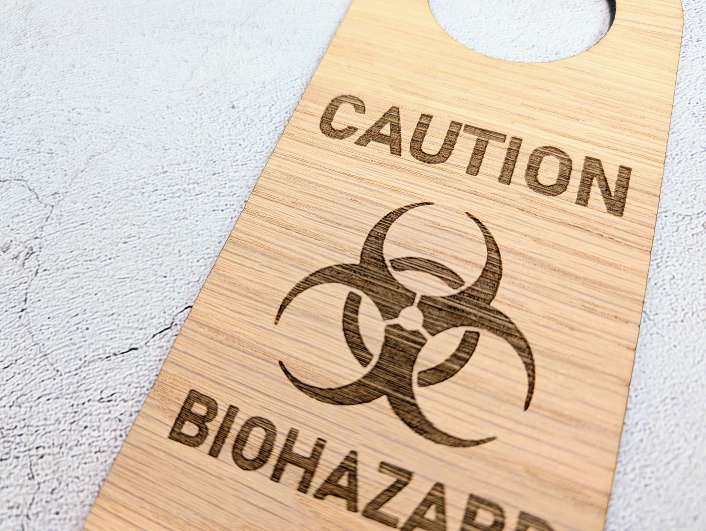 Caution Biohazard Door Hanger – Large Oak Veneered Safety Sign with Symbol, Hospital Lab Clinic Use, Handmade in Wales