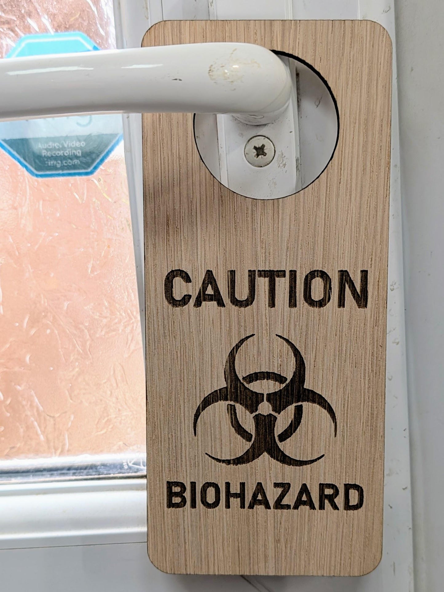 Caution Biohazard Door Hanger – Tall Oak Veneered Safety Sign, Wooden Single Sided, Handmade in Wales, Eco Packaging