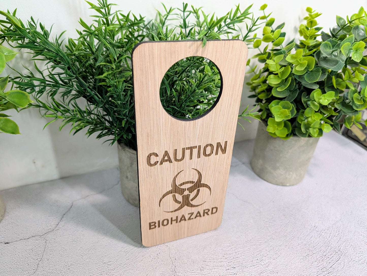 Caution Biohazard Door Hanger – Tall Oak Veneered Safety Sign, Wooden Single Sided, Handmade in Wales, Eco Packaging