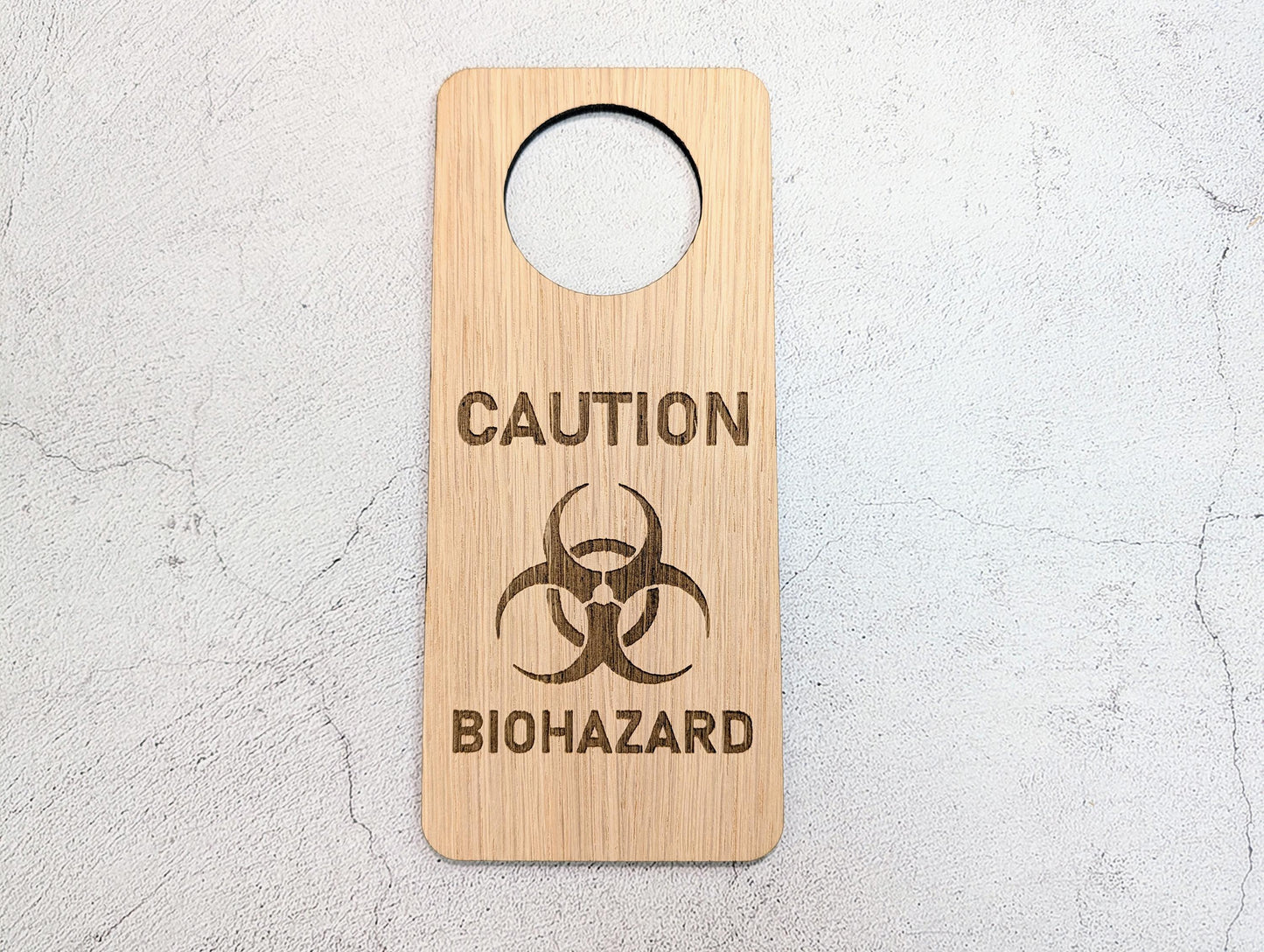 Caution Biohazard Door Hanger – Tall Oak Veneered Safety Sign, Wooden Single Sided, Handmade in Wales, Eco Packaging