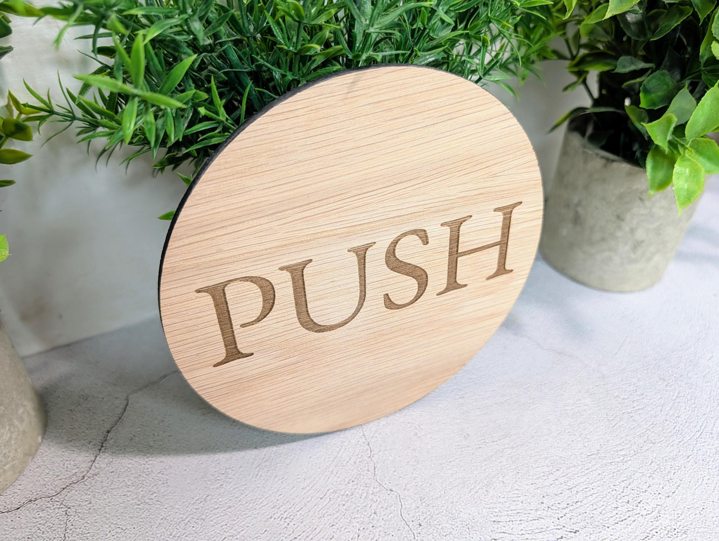 PUSH Door Sign – Circular Oak Veneered Wooden Entry Sign for Doors, Indoor Use Only, Handmade in Wales, Plastic-Free Packaging