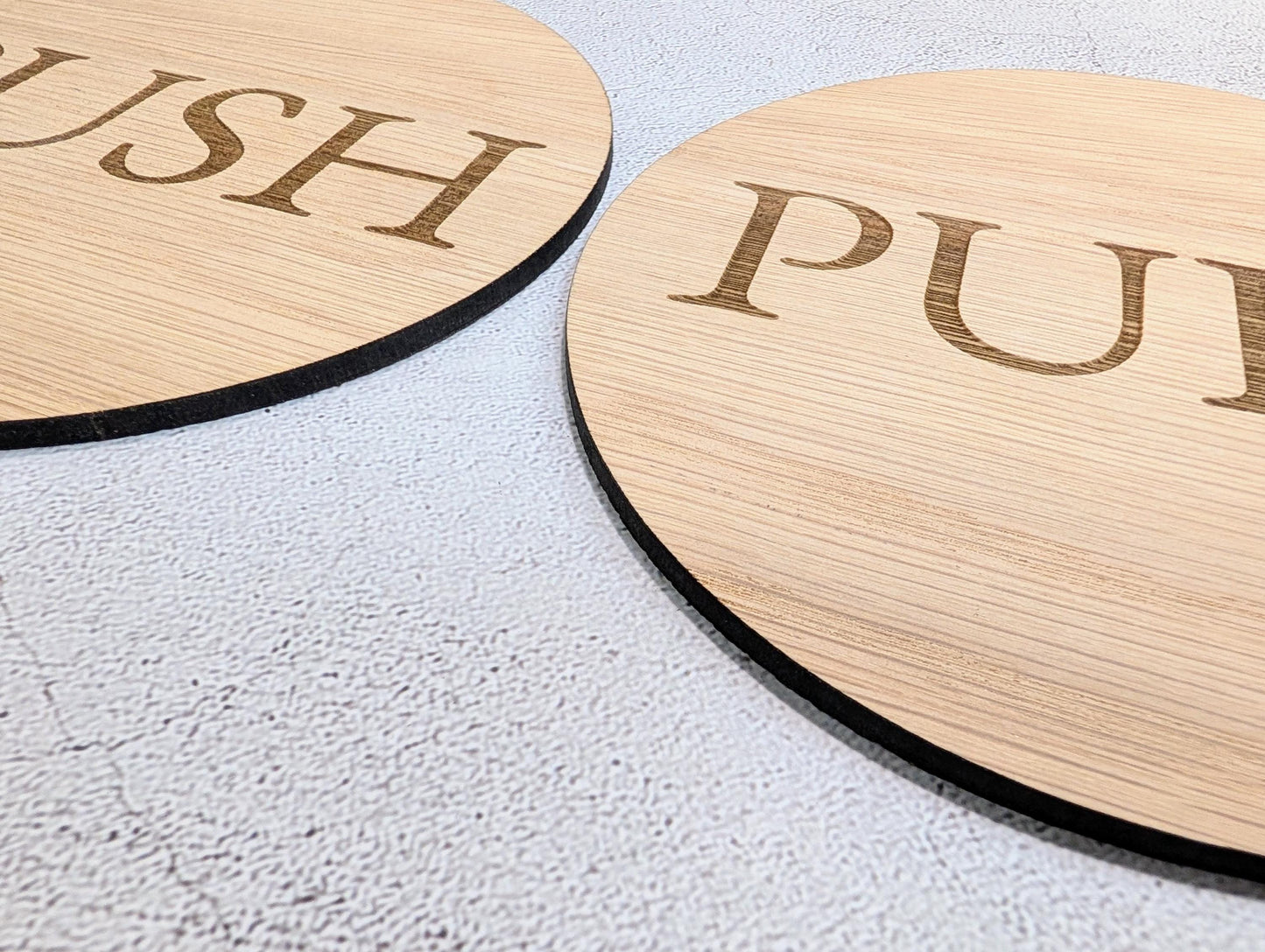 PUSH & PULL Door Sign Set – Circular Oak Veneered Wooden Signs for Entryways, Eco Friendly, Handmade in Wales, 2 Sizes Available