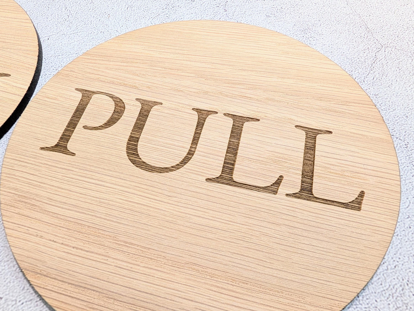 PUSH & PULL Door Sign Set – Circular Oak Veneered Wooden Signs for Entryways, Eco Friendly, Handmade in Wales, 2 Sizes Available