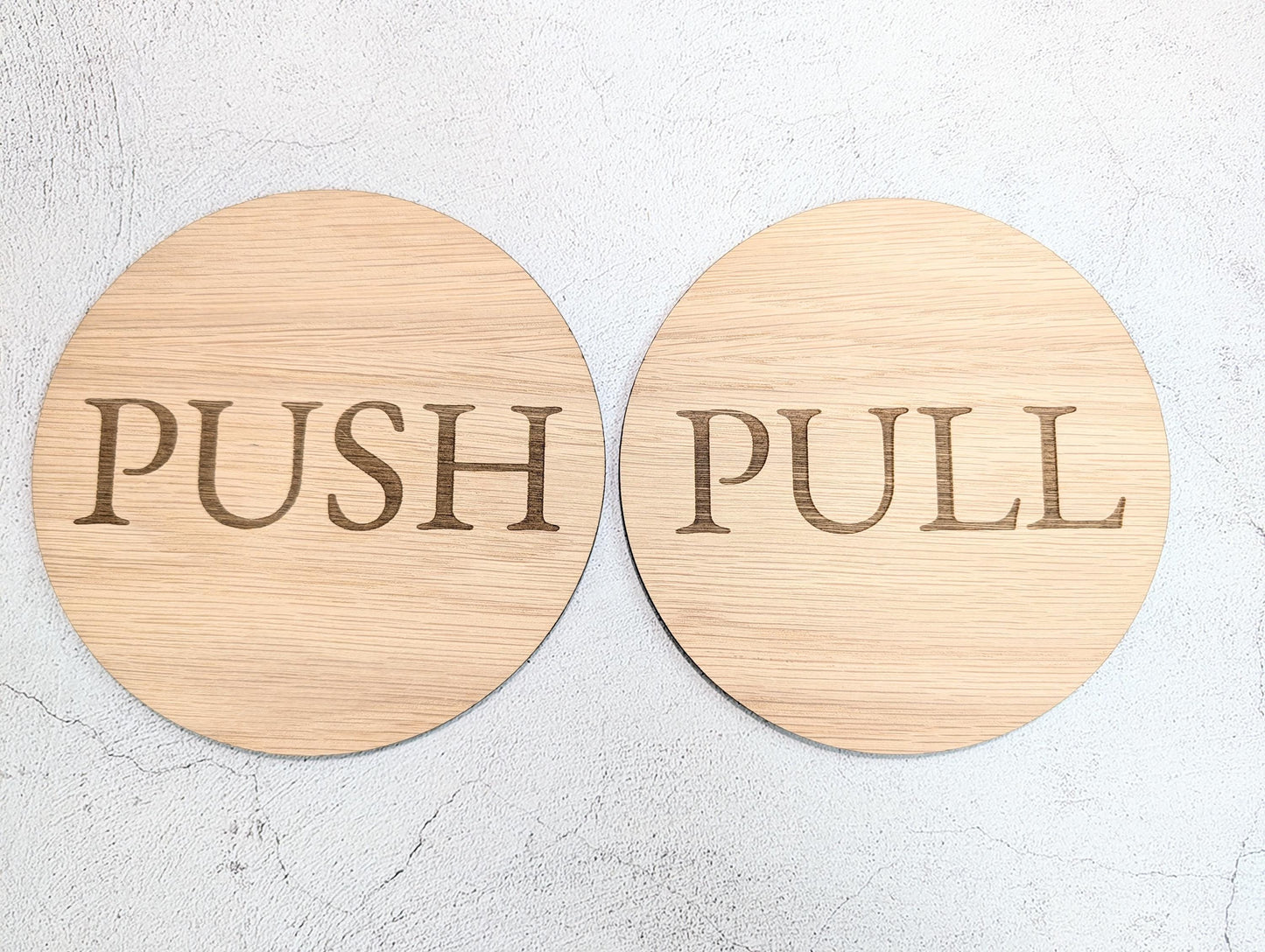 PUSH & PULL Door Sign Set – Circular Oak Veneered Wooden Signs for Entryways, Eco Friendly, Handmade in Wales, 2 Sizes Available