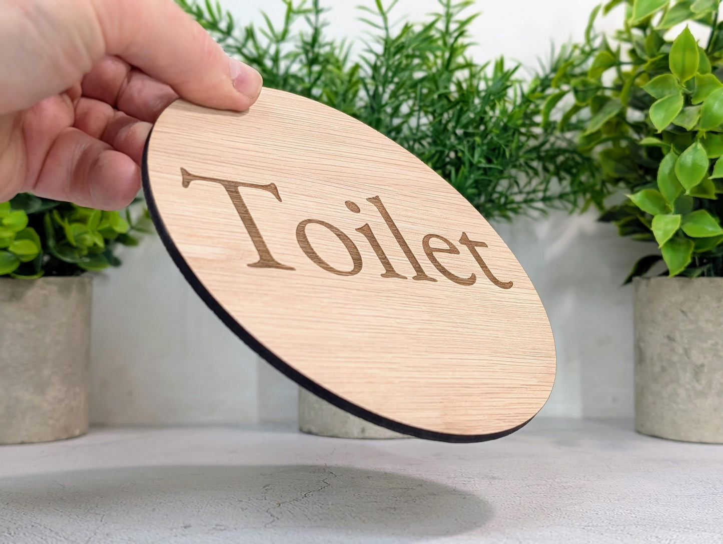 Toilet Door Sign – Circular Oak Veneered Wooden Bathroom Sign, Indoor Use Only, Handmade in Wales, Plastic-Free Packaging, 2 Sizes
