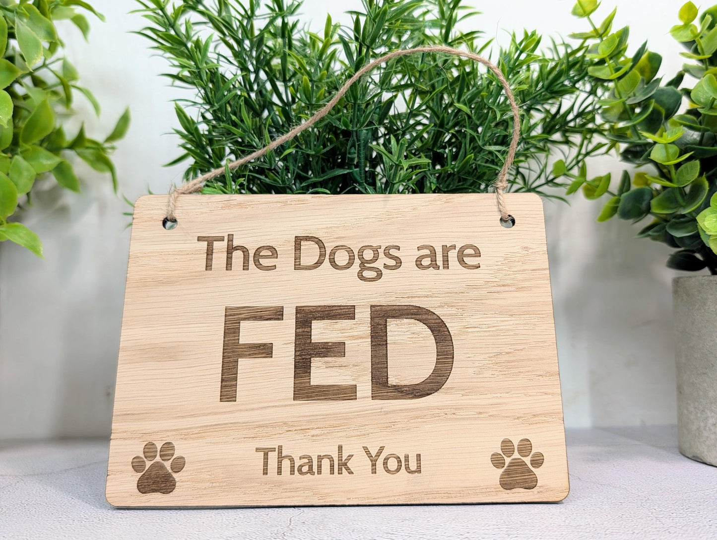 Dog Fed Not Fed Sign | Personalised Double-Sided | Oak Veneer