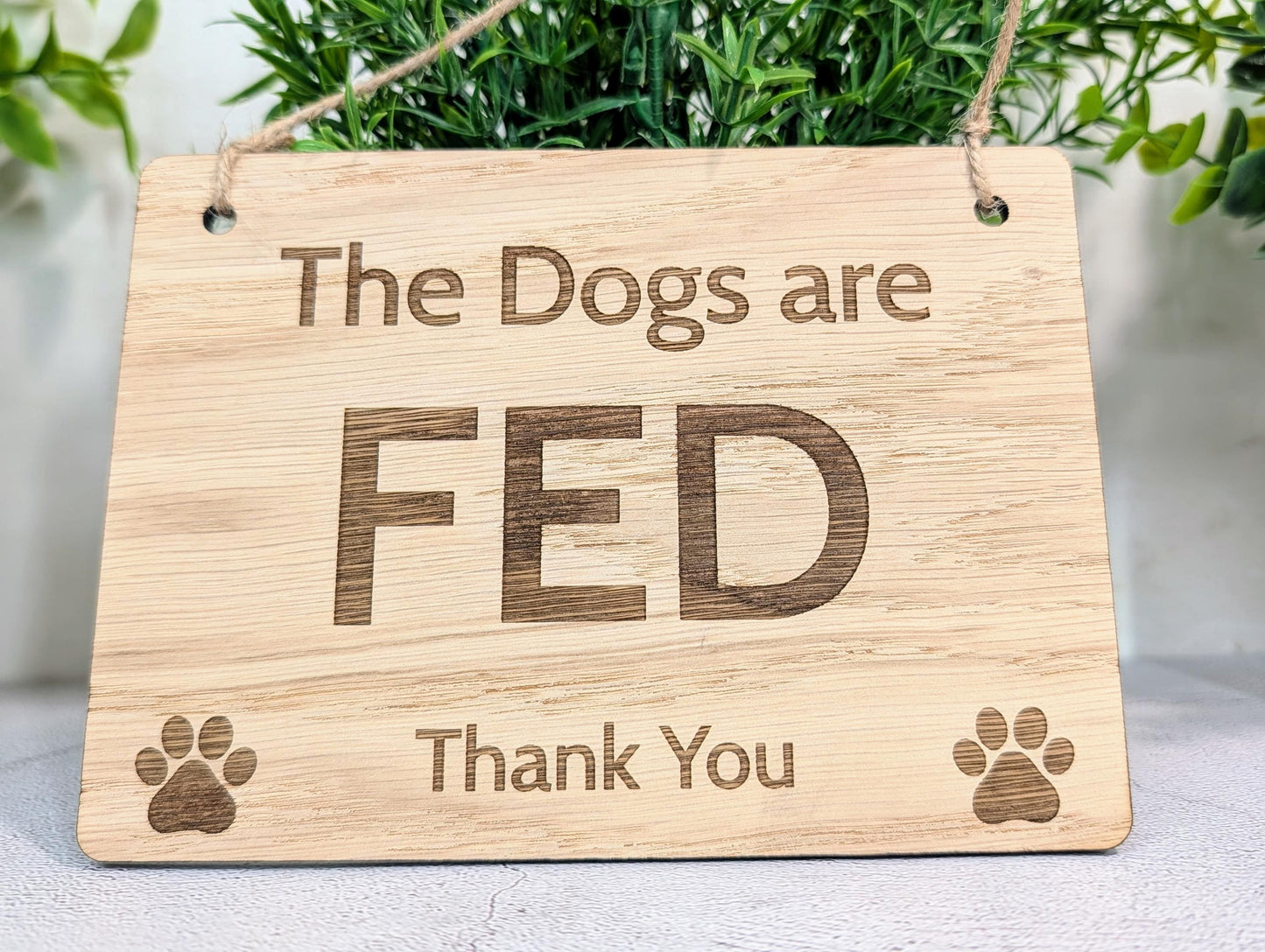 Dog Fed Not Fed Sign | Personalised Double-Sided | Oak Veneer