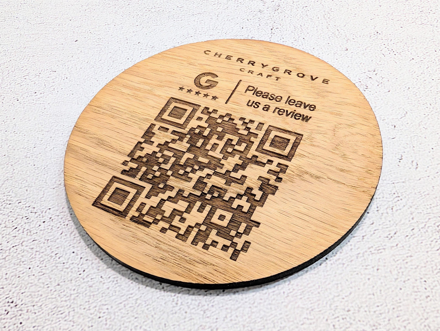 Personalised Google Review Coaster with Logo and QR Code | Oak