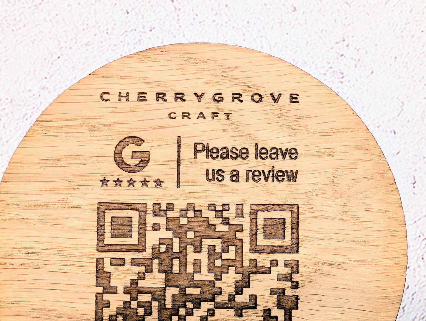 Personalised Google Review Coaster with Logo and QR Code | Oak