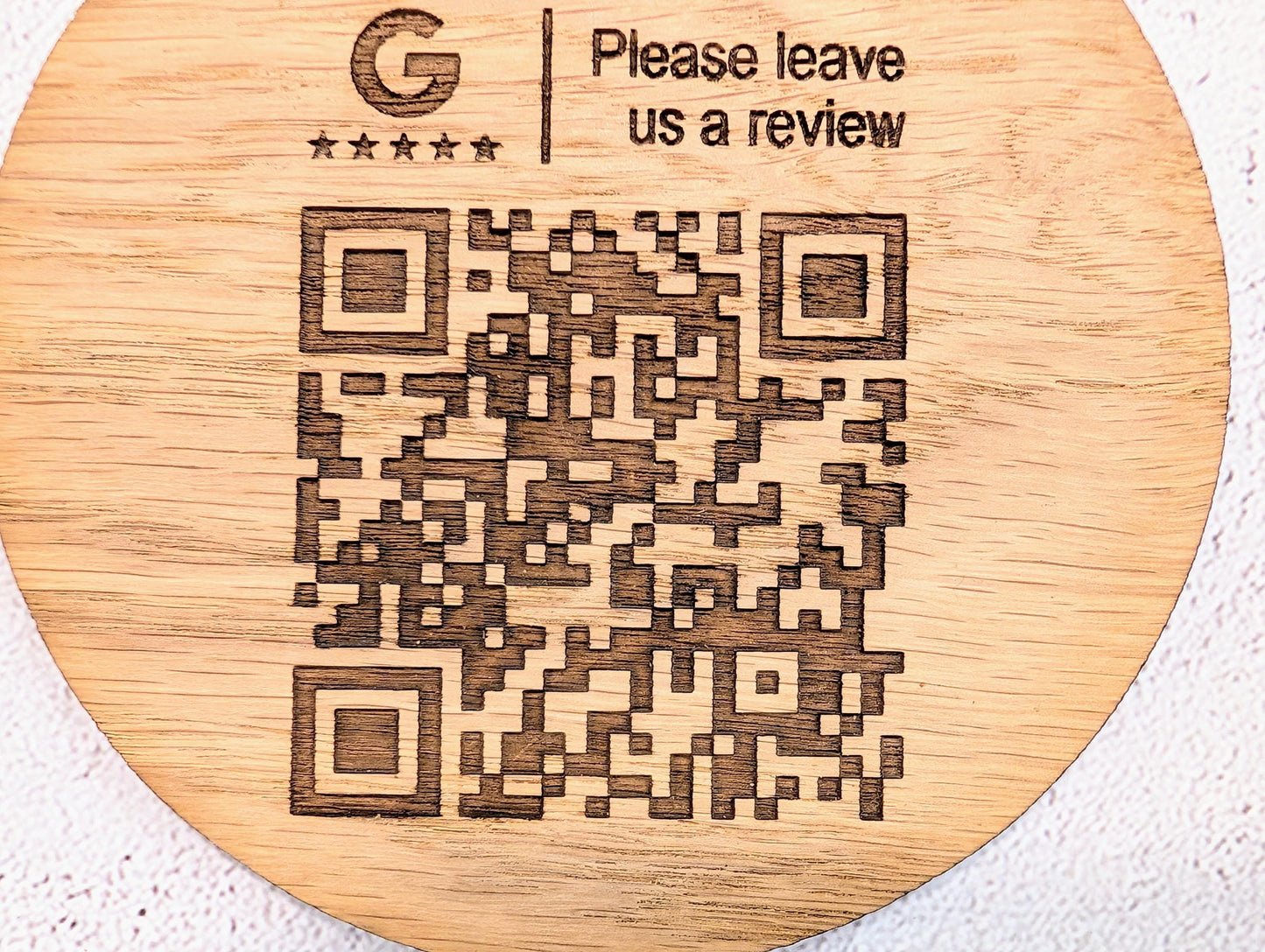 Personalised Google Review Coaster with Logo and QR Code | Oak