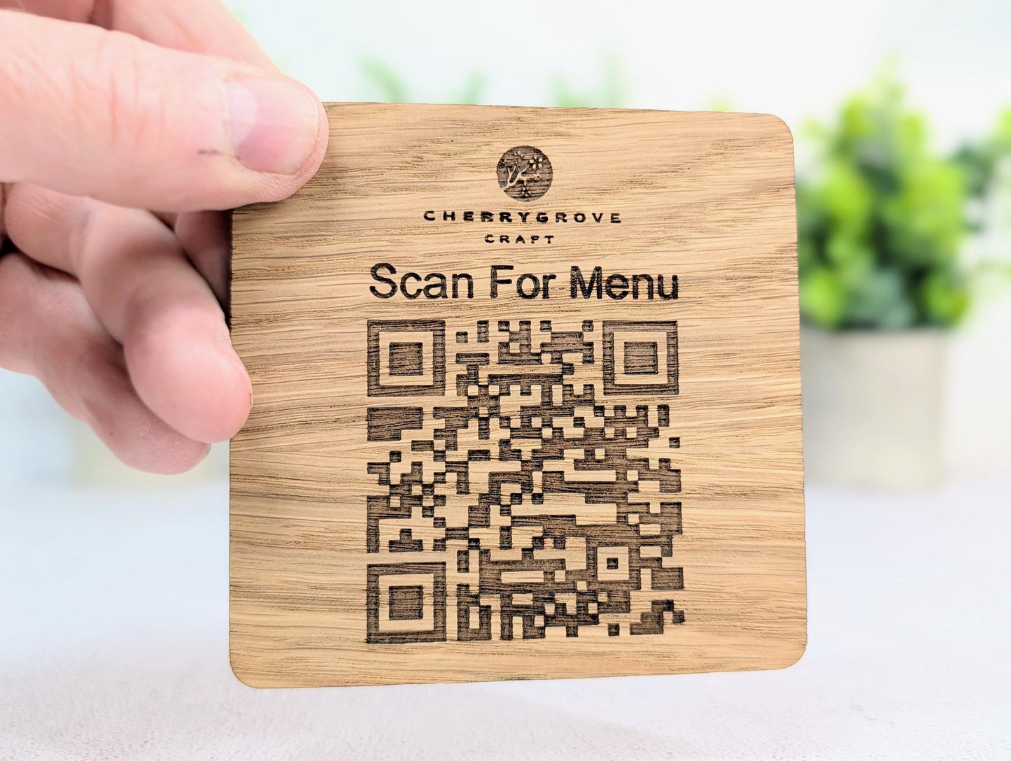 Scan for Menu QR Code Coaster | Oak Veneer | Danish Oiled | Custom