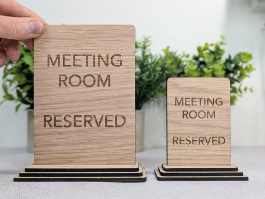 Meeting Room Reserved Sign – Wooden Table Sign, Single or Double Sided | Oak Veneer, Professional Office Display, Personalisation Option