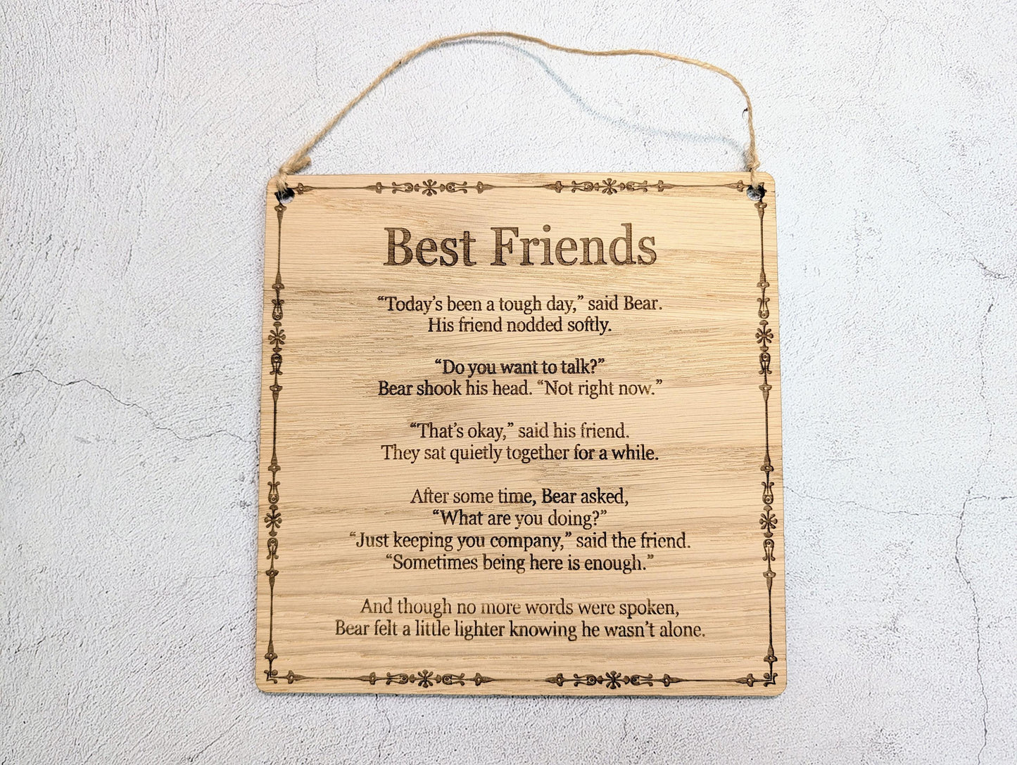 Best Friends Wooden Quote Plaque – Comforting Friendship Sign, Handmade Oak Veneer Gift, Rustic Eco-Friendly