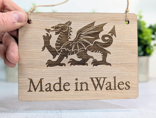 Made in Wales Hanging Sign | Oak | Welsh Dragon | 4 Sizes
