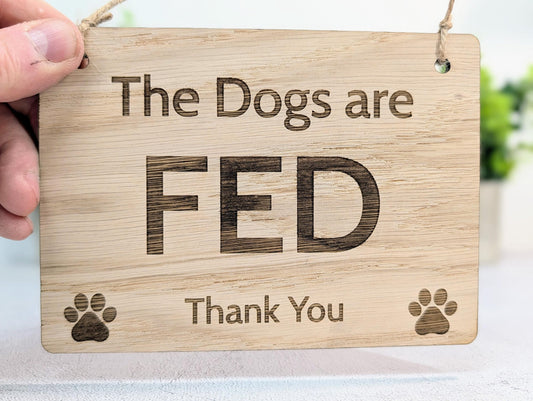 Dog Fed Not Fed Sign | Personalised Double-Sided | Oak Veneer