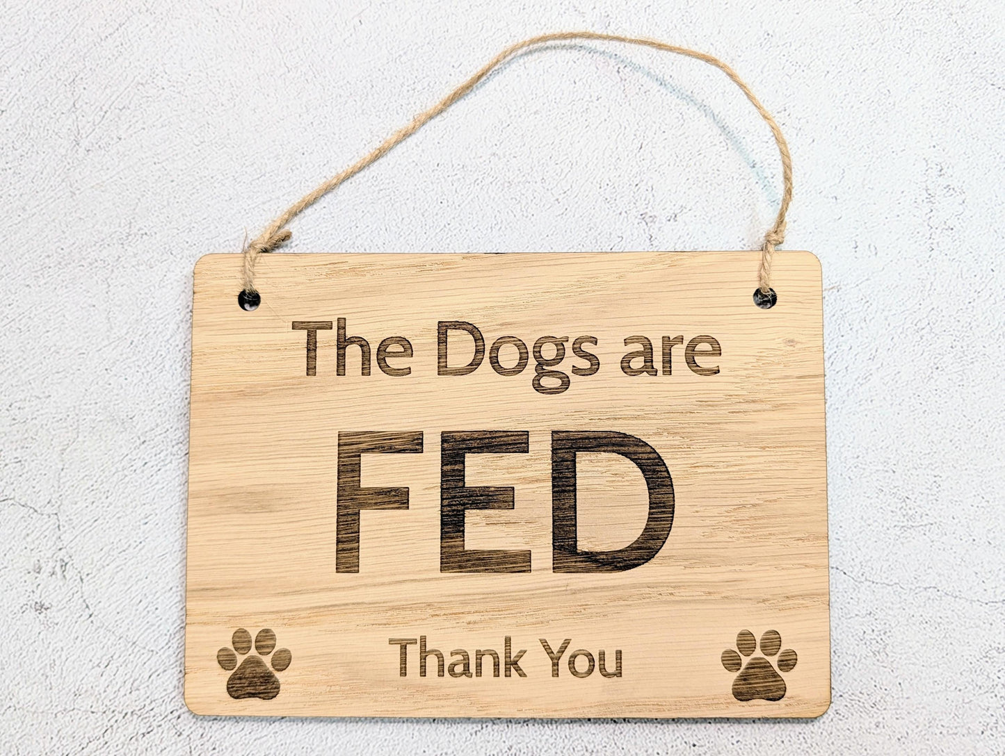 Dog Fed Not Fed Sign | Personalised Double-Sided | Oak Veneer
