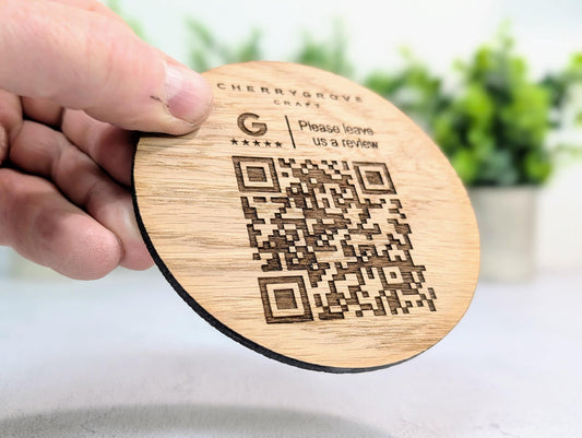 Personalised Google Review Coaster with Logo and QR Code | Oak