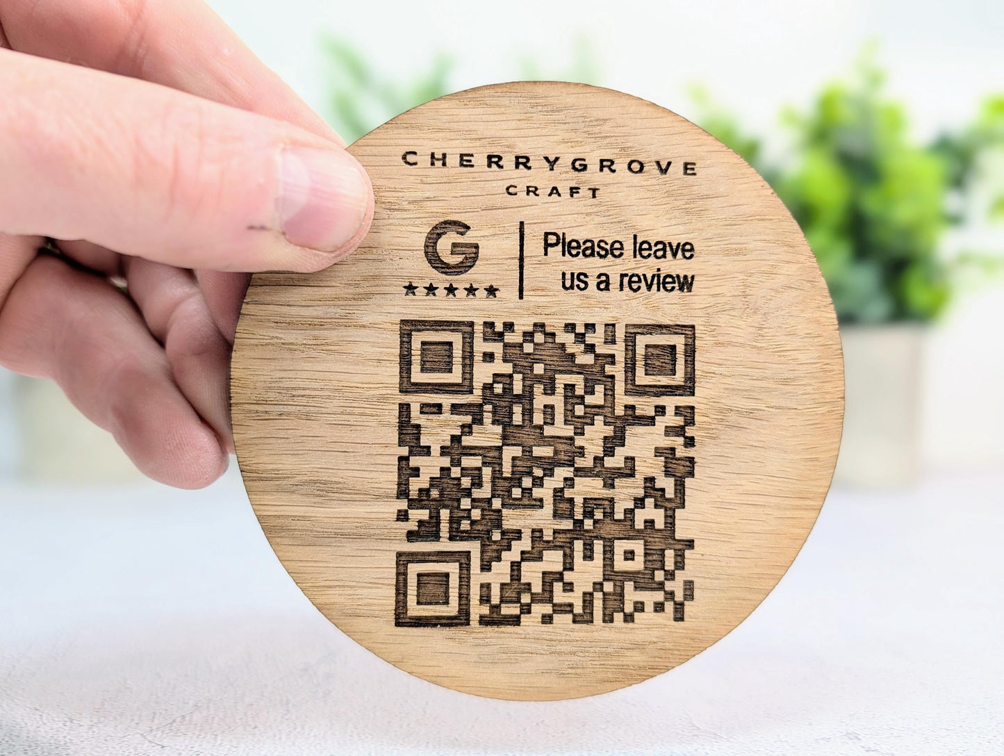 Personalised Google Review Coaster with Logo and QR Code | Oak