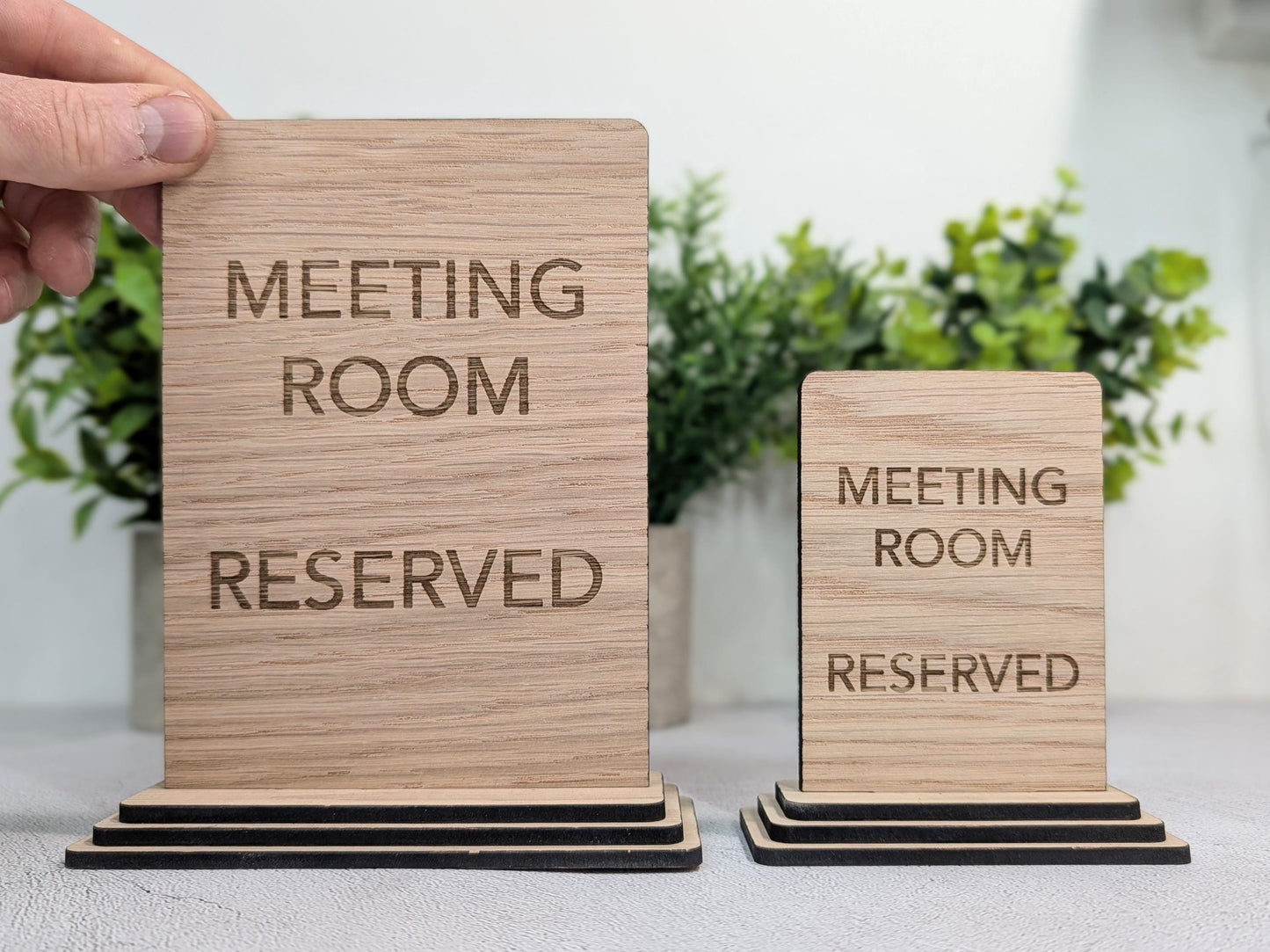 Meeting Room Reserved Sign – Wooden Table Sign, Single or Double Sided | Oak Veneer, Professional Office Display, Personalisation Option