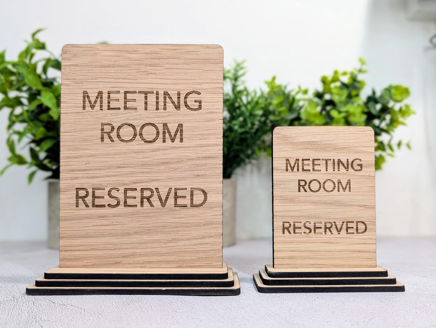 Meeting Room Reserved Sign – Wooden Table Sign, Single or Double Sided | Oak Veneer, Professional Office Display, Personalisation Option