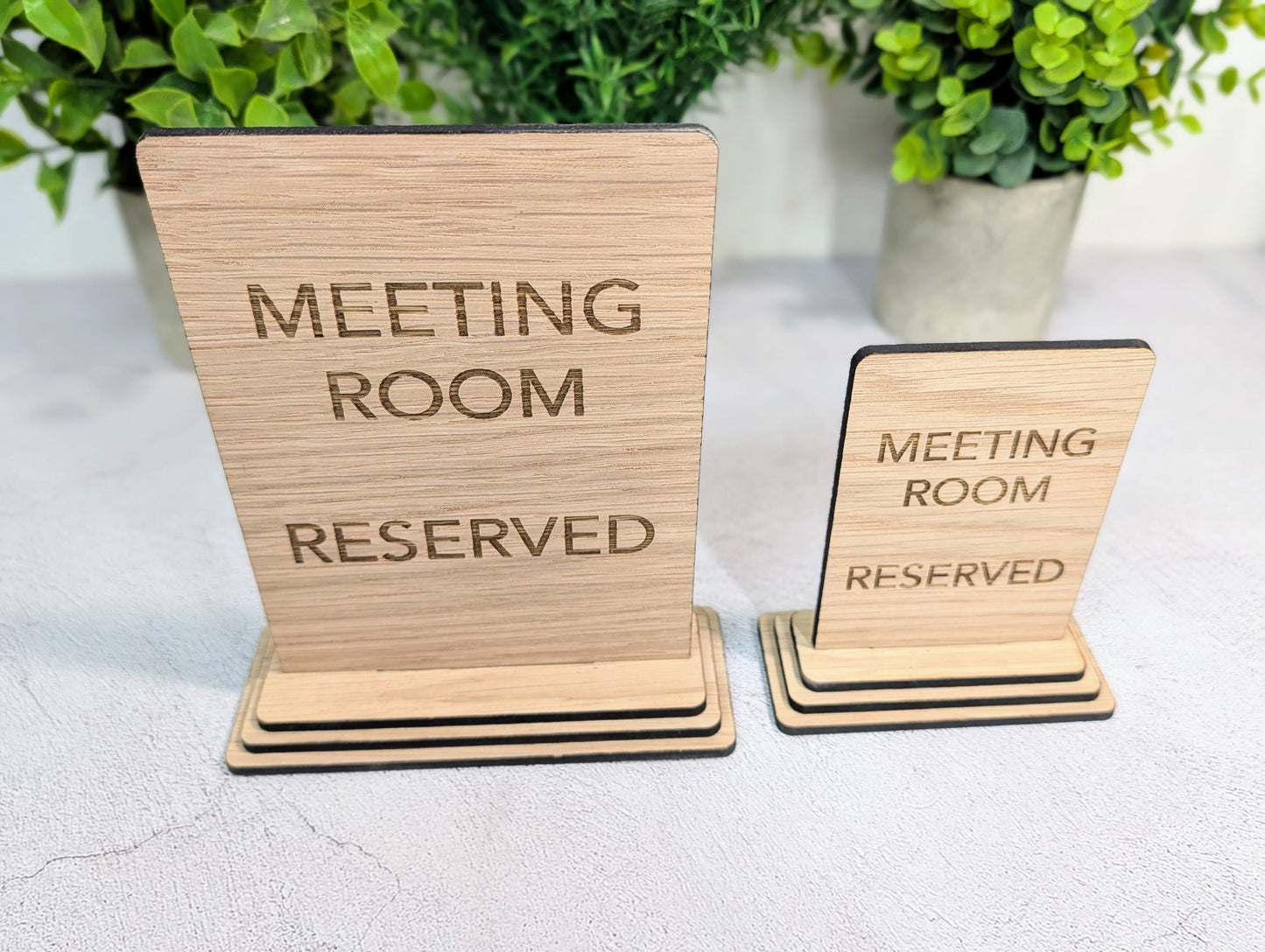 Meeting Room Reserved Sign – Wooden Table Sign, Single or Double Sided | Oak Veneer, Professional Office Display, Personalisation Option