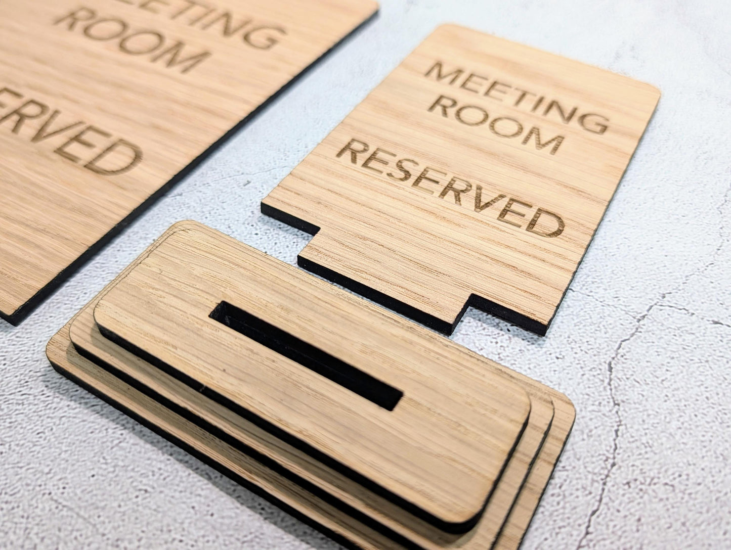Meeting Room Reserved Sign – Wooden Table Sign, Single or Double Sided | Oak Veneer, Professional Office Display, Personalisation Option