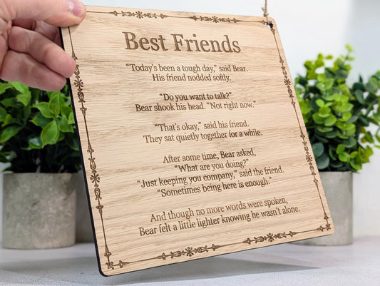 Best Friends Wooden Quote Plaque – Comforting Friendship Sign, Handmade Oak Veneer Gift, Rustic Eco-Friendly