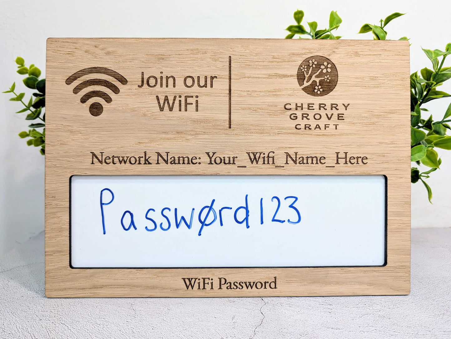 WiFi Password Sign | Oak Veneer | A4 Landscape | Wipeable Panel
