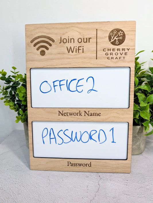 WiFi Sign with Whiteboard | Oak | Reusable Password Display | Add Your Logo