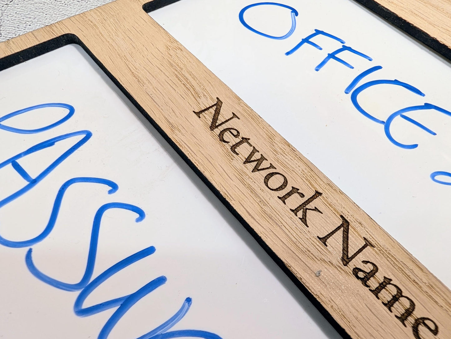 WiFi Sign with Whiteboard | Oak | Reusable Password Display | Add Your Logo