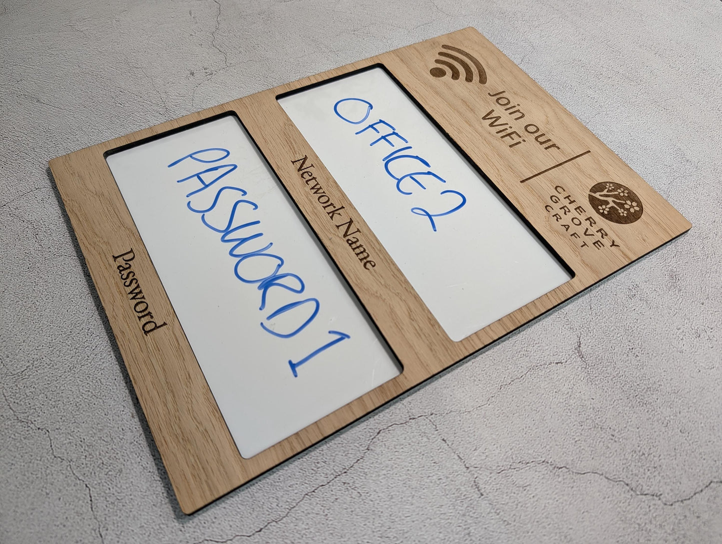 WiFi Sign with Whiteboard | Oak | Reusable Password Display | Add Your Logo