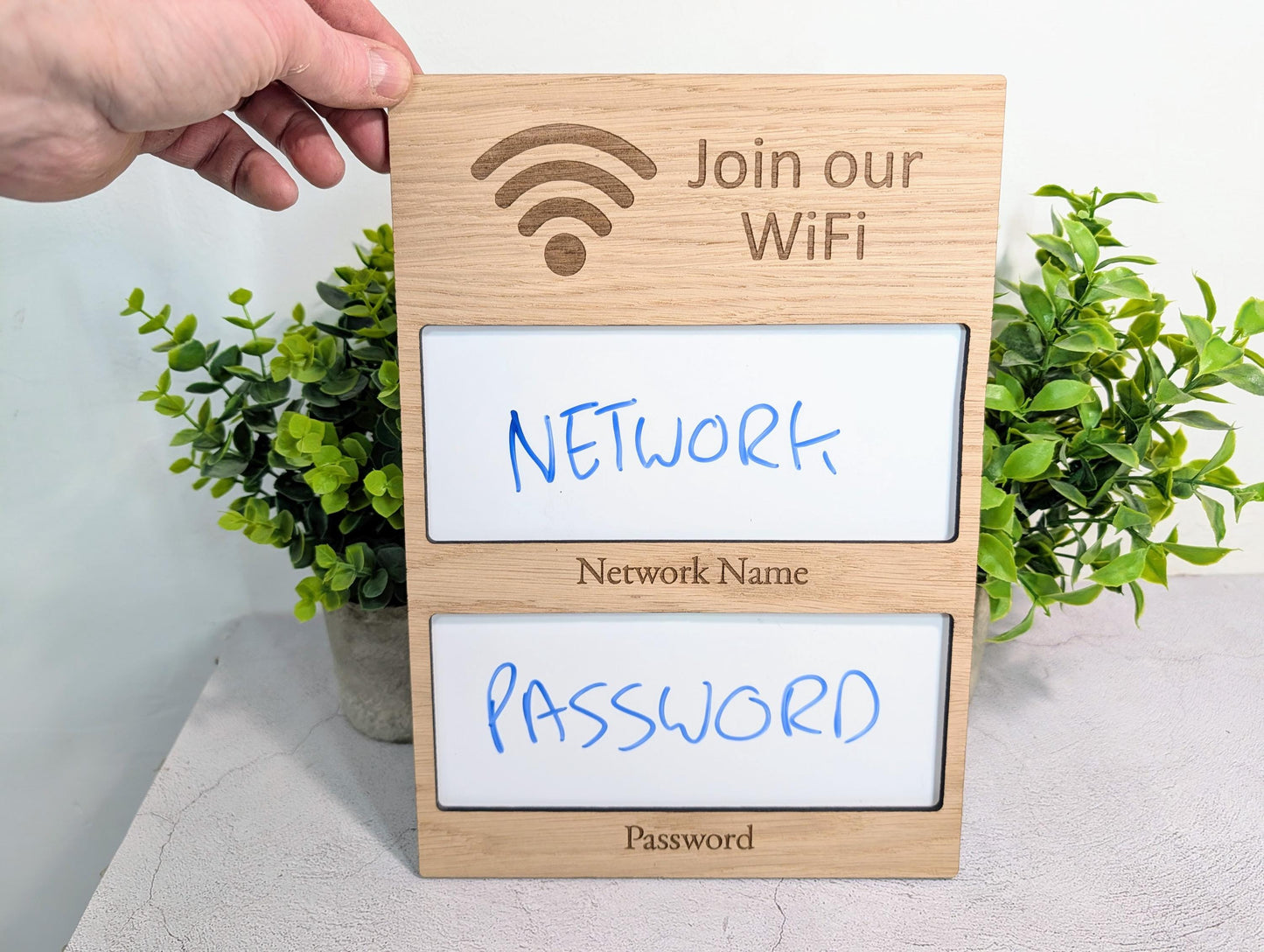 WiFi Sign with Whiteboard | Oak | No Logo | Reusable Password Display