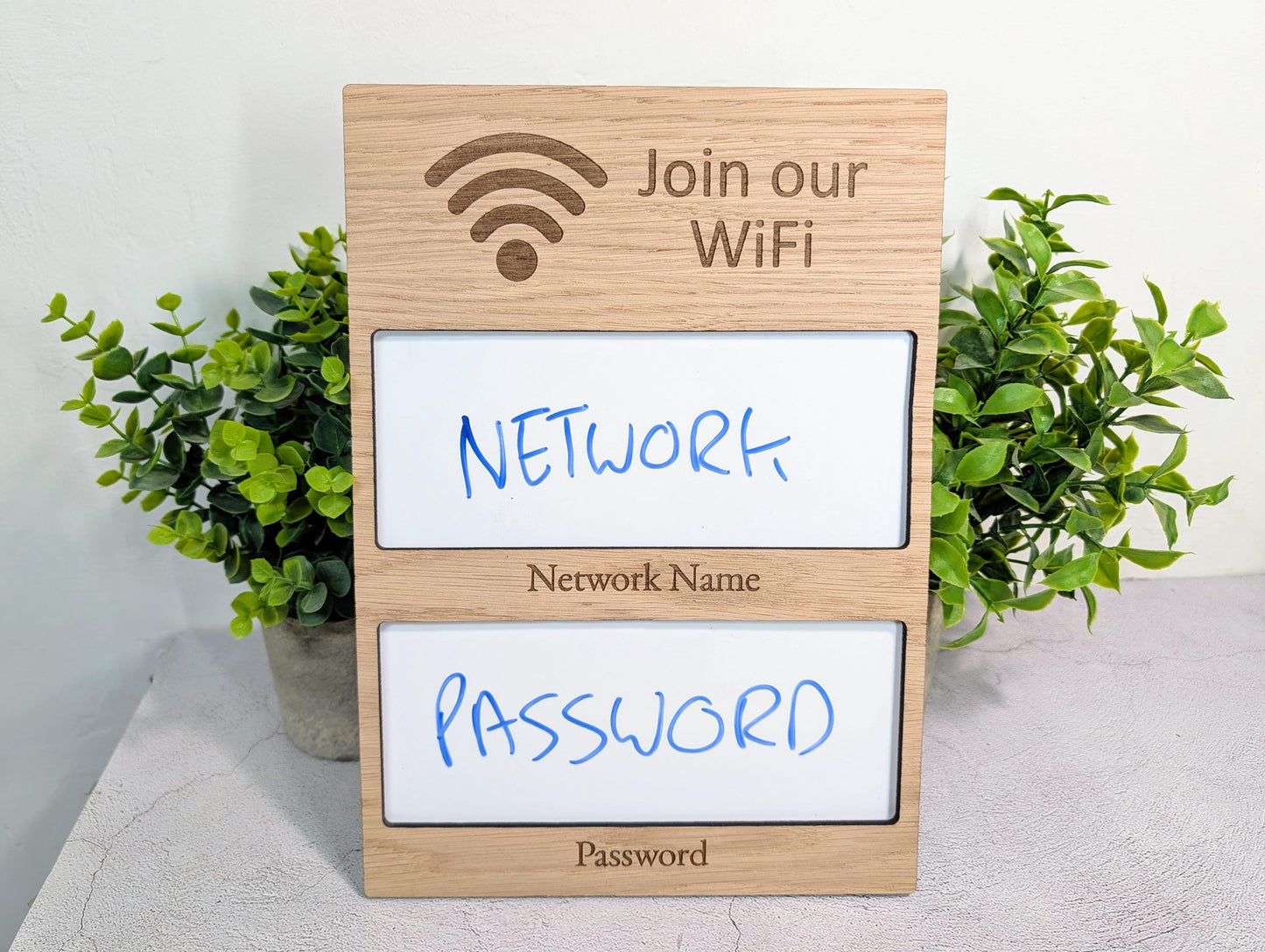 WiFi Sign with Whiteboard | Oak | No Logo | Reusable Password Display