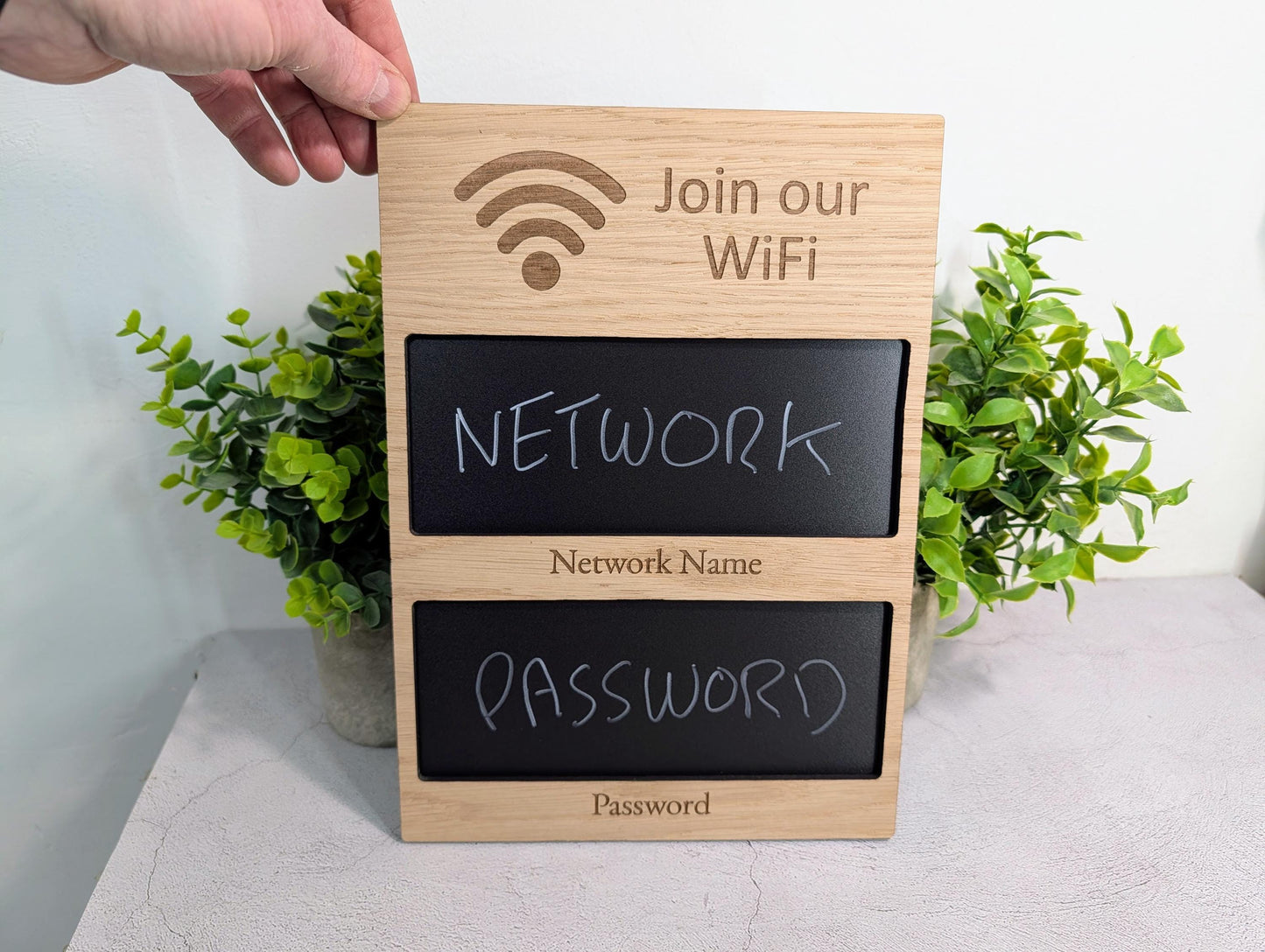 WiFi Sign with Blackboard | Oak | No Logo | Reusable Chalk Password Display