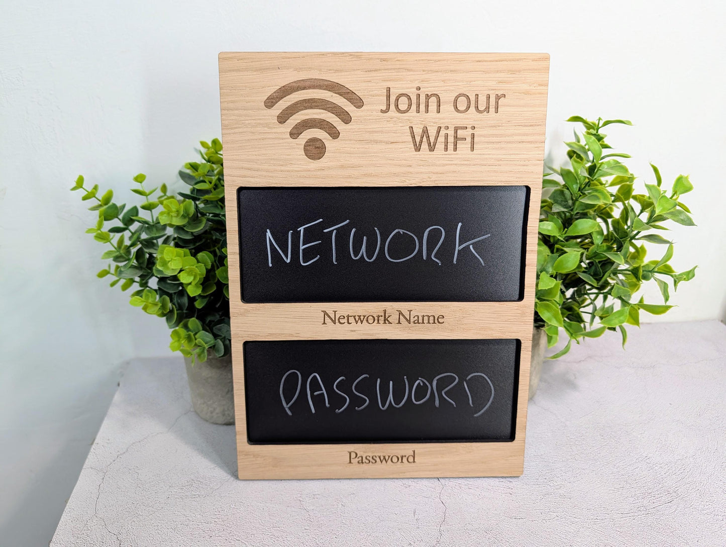 WiFi Sign with Blackboard | Oak | No Logo | Reusable Chalk Password Display