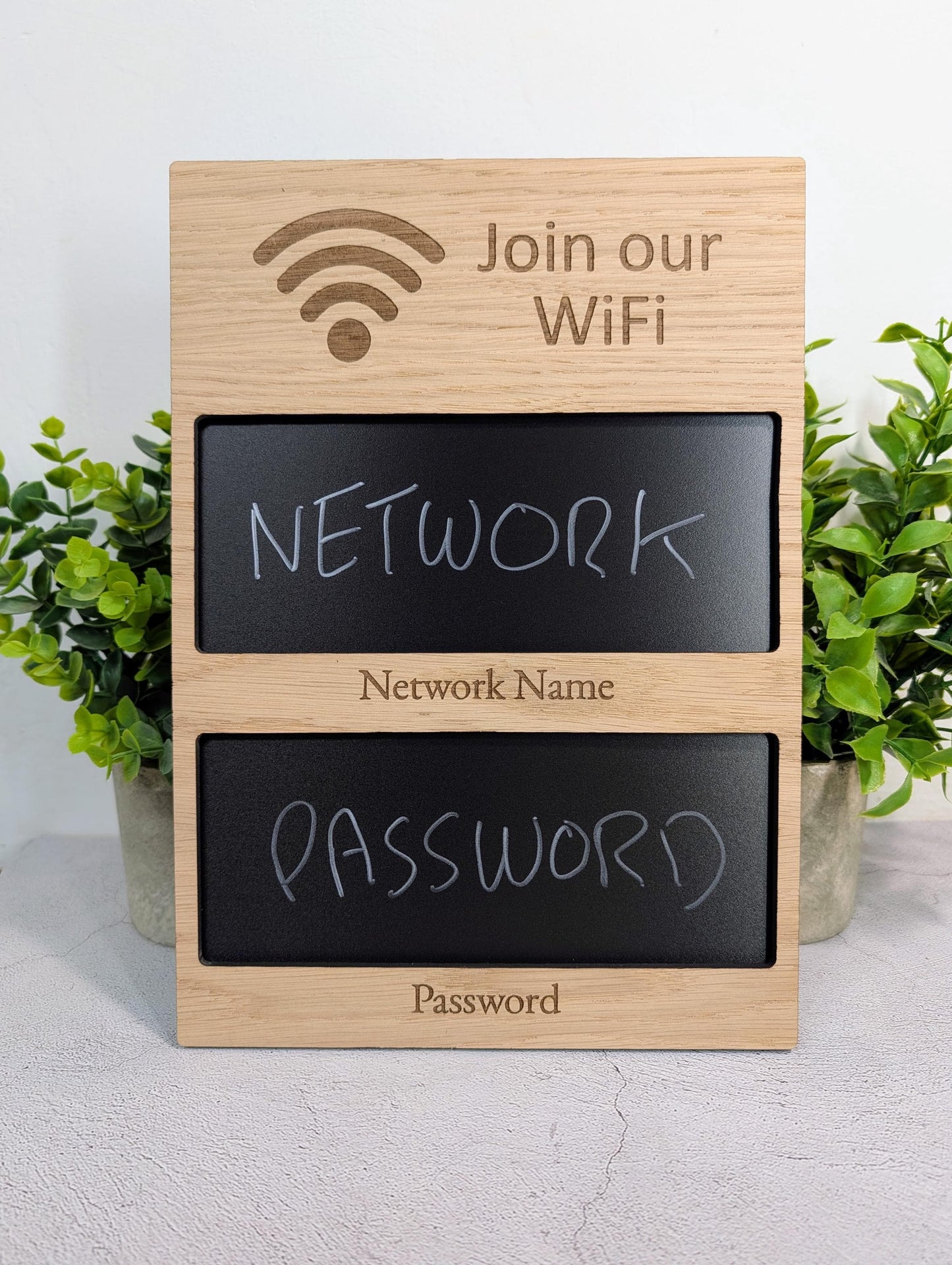 WiFi Sign with Blackboard | Oak | No Logo | Reusable Chalk Password Display