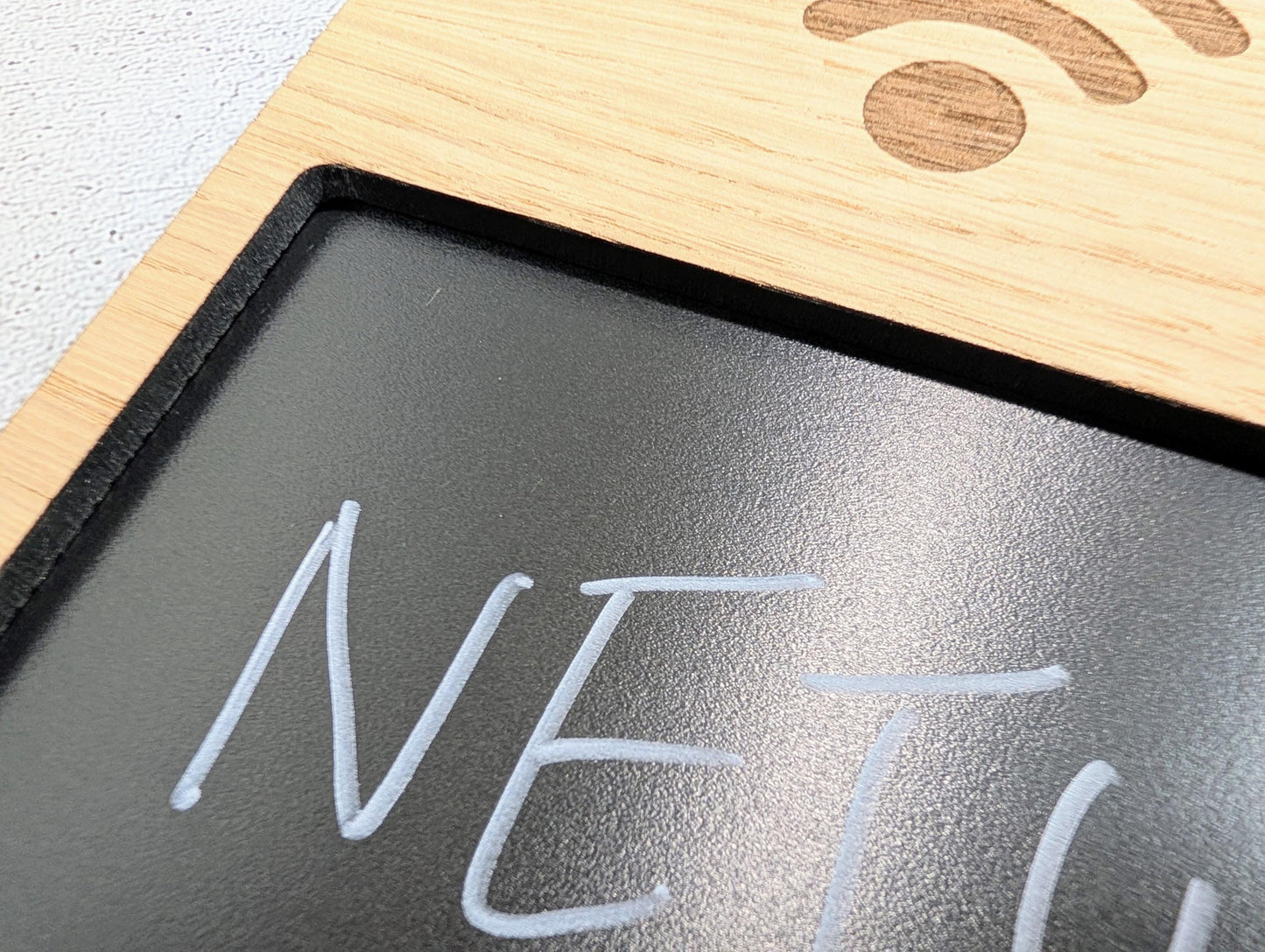 WiFi Sign with Blackboard | Oak | No Logo | Reusable Chalk Password Display