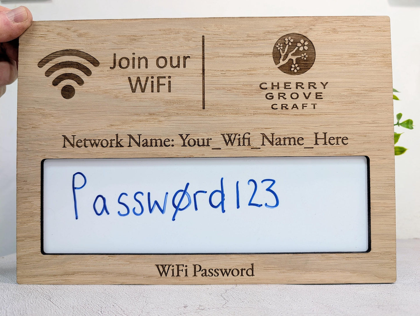 WiFi Password Sign | Oak Veneer | A4 Landscape | Wipeable Panel