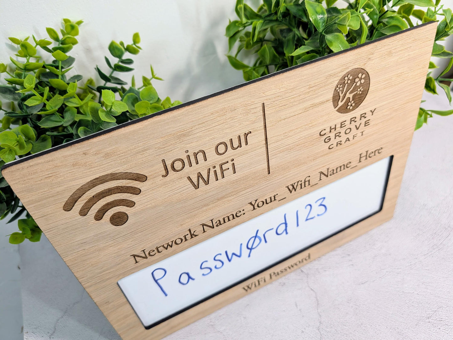 WiFi Password Sign | Oak Veneer | A4 Landscape | Wipeable Panel